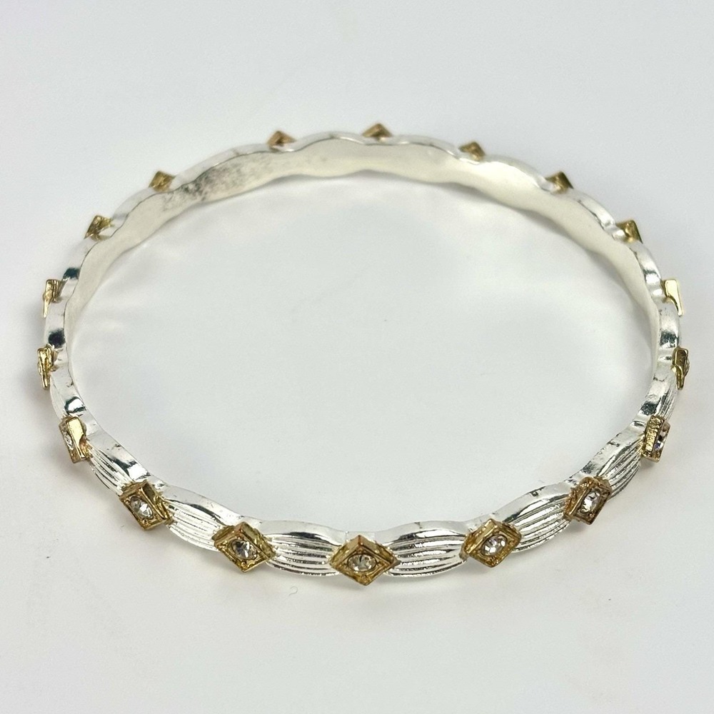 Vintage Two Tone Rhinestone Bangle Bracelet Silver Gold Tone Slip On Cuff
